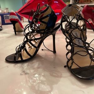 Jimmy Choo sexy black lace up 4 inch sandals.  Ties at ankle. Size 37. SEXY